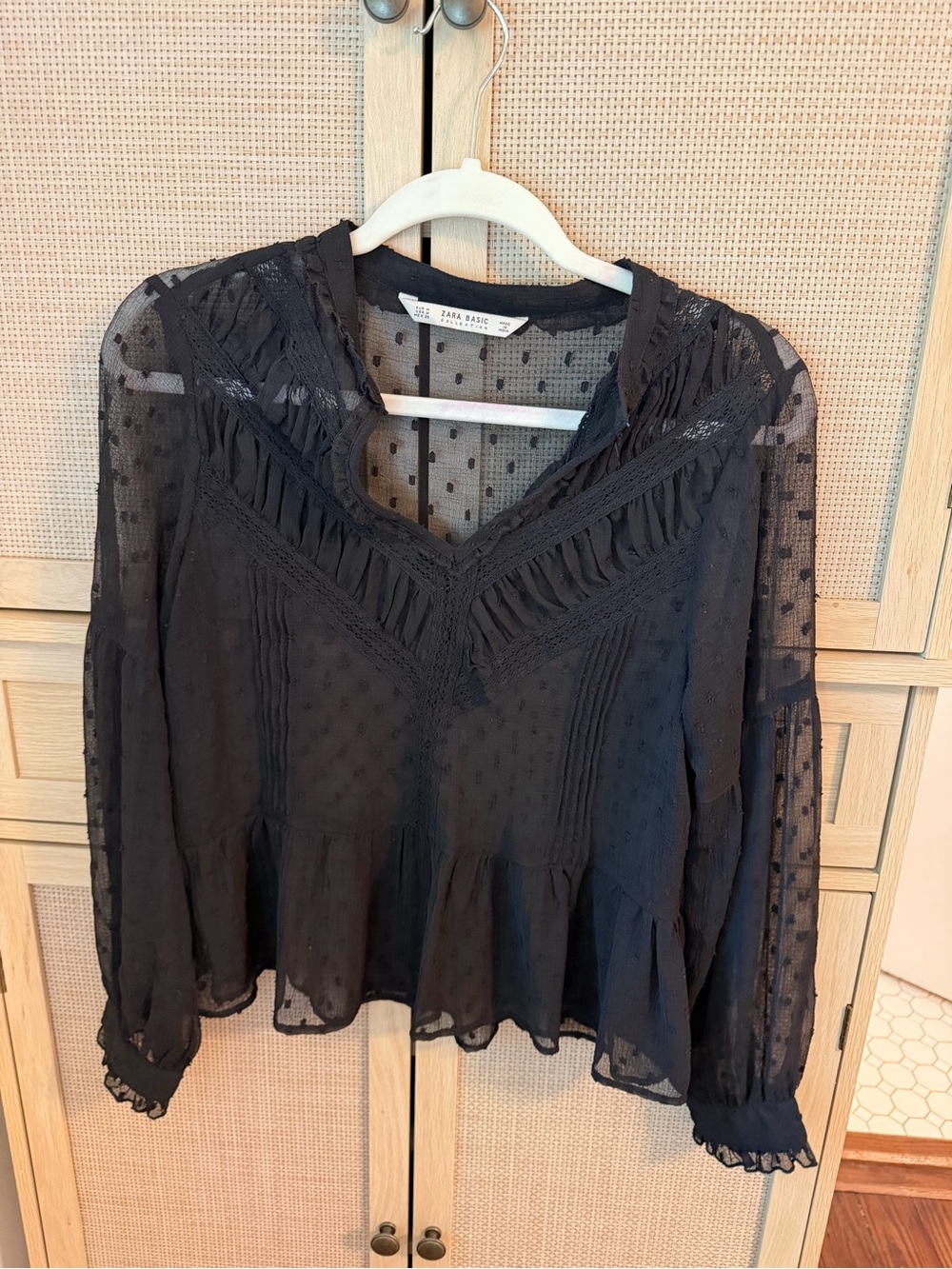 Zara Black Sheer Swiss Dot Lace-Trim Blouse